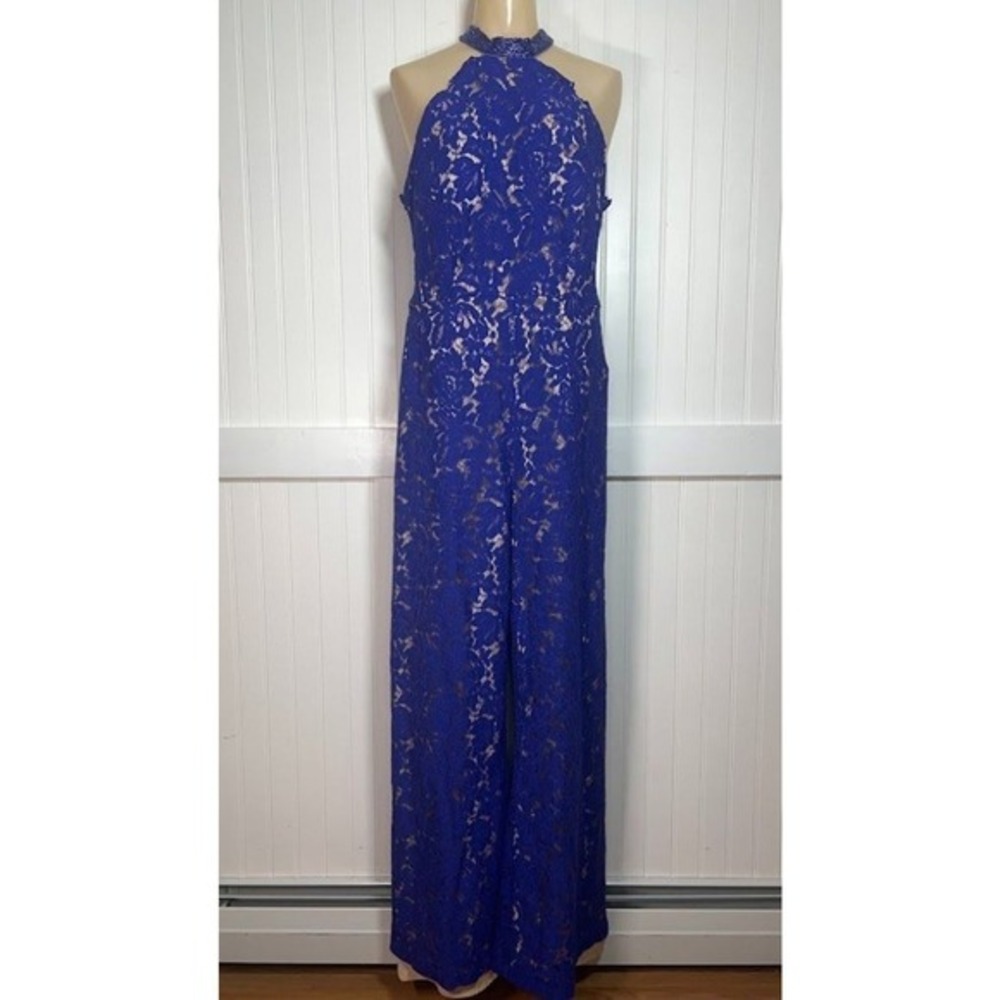 Lotus Threads Jumpsuit Beaded Lace Whimsy Glam‎ Cobalt Blue Lace Illusion Halter
